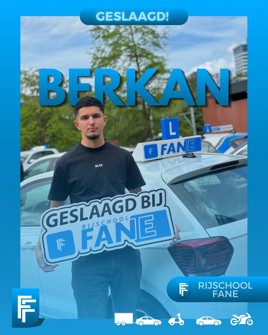 Berkan A. uit Den Haag, geslaagd voor het autorijbewijs B bij Rijschool Fane in mei 2024