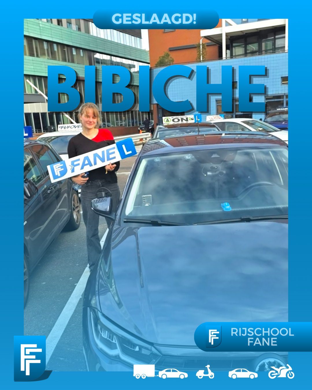 Bibiche K. uit Delfgauw, geslaagd voor het autorijbewijs B bij Rijschool Fane in oktober 2026