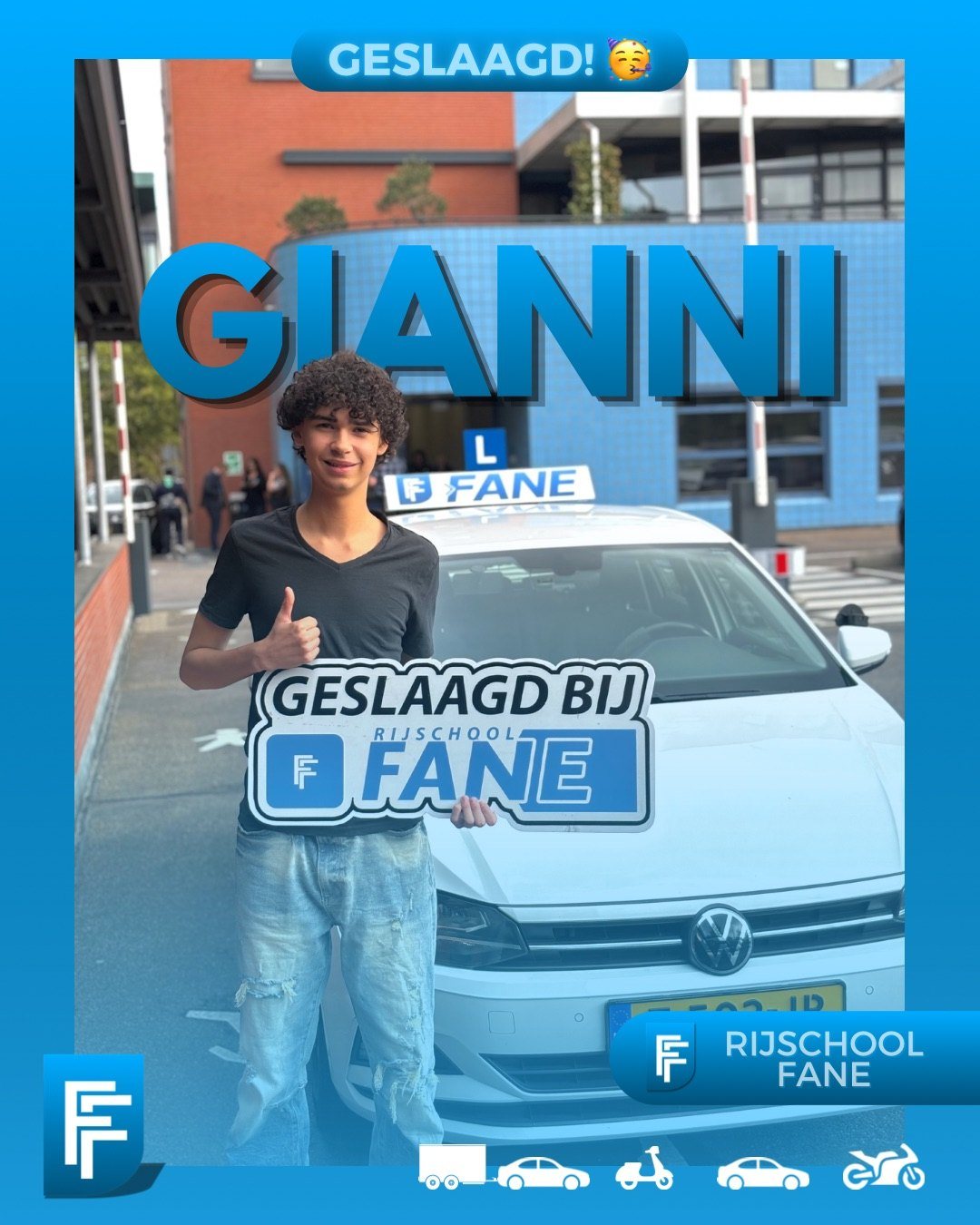 Gianni H. uit Rijswijk, geslaagd voor het autorijbewijs B bij Rijschool Fane in september 2026
