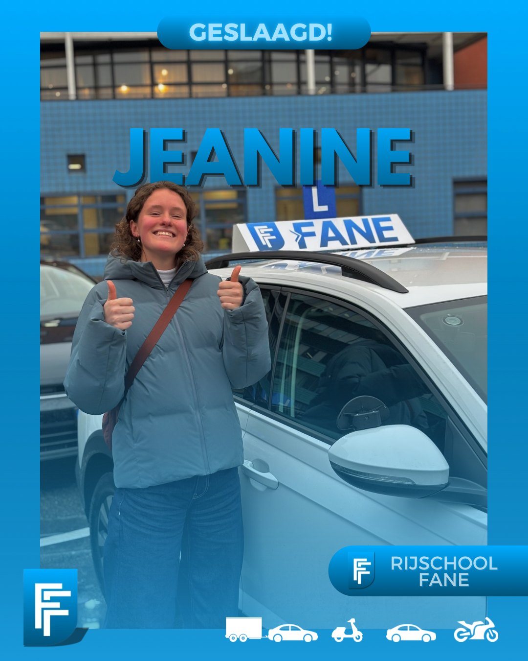 Jeanine L. uit Delft, geslaagd voor het autorijbewijs B bij Rijschool Fane in februari 2025