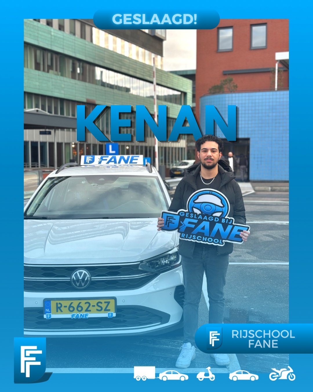 Kenan B. uit Den Haag, geslaagd voor het autorijbewijs B bij Rijschool Fane in april 2026