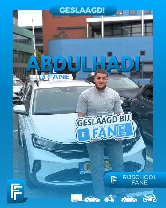 Abdulhadi S. uit Rijswijk, geslaagd voor het autorijbewijs B bij Rijschool Fane in september 2025