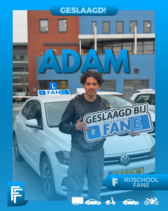 Adam N. uit Wateringen, geslaagd voor het autorijbewijs B bij Rijschool Fane in december 2024