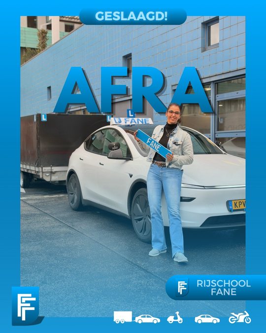 Afra K. uit Rijswijk, geslaagd voor het aanhangerrijbewijs BE bij Rijschool Fane in oktober 2026