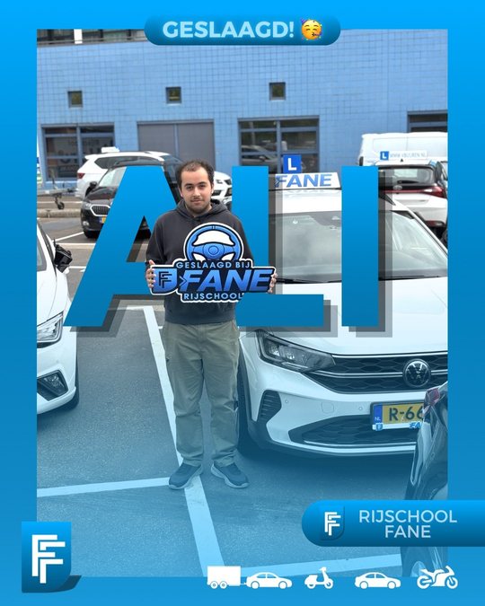 Ali B. uit Den Haag, geslaagd voor het autorijbewijs B bij Rijschool Fane in juni 2026