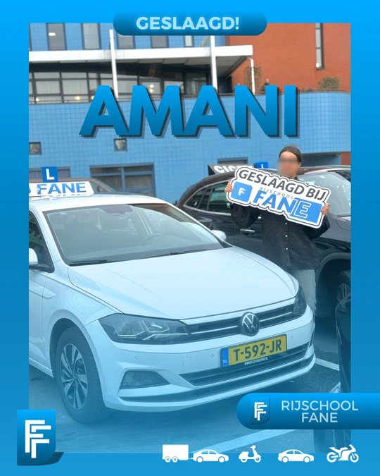Amani O. uit Voorburg, geslaagd voor het autorijbewijs B bij Rijschool Fane in februari 2026