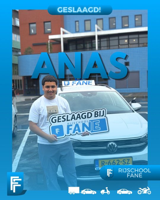 Anas Y. uit Den Hoorn, geslaagd voor het autorijbewijs B bij Rijschool Fane in september 2025