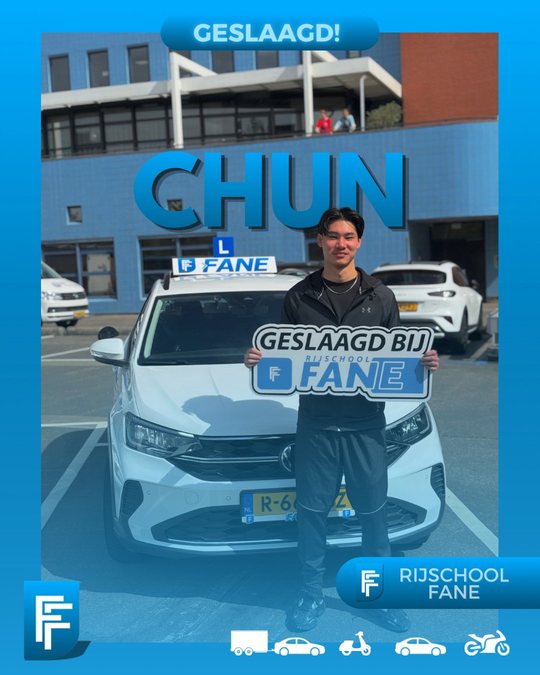 Chun Y. uit Den Haag, geslaagd voor het autorijbewijs B bij Rijschool Fane in april 2025