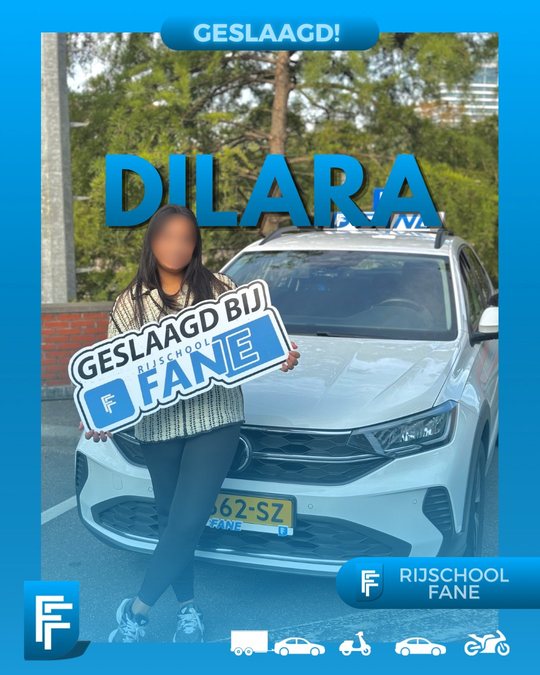 Dilara G. uit Den Haag, geslaagd voor het autorijbewijs B bij Rijschool Fane in augustus 2025