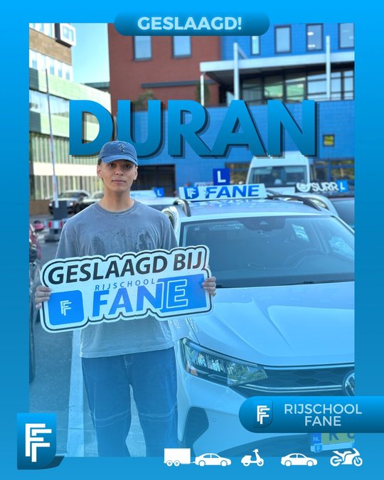 Duran K. uit Delft, geslaagd voor het autorijbewijs B bij Rijschool Fane in juli 2025
