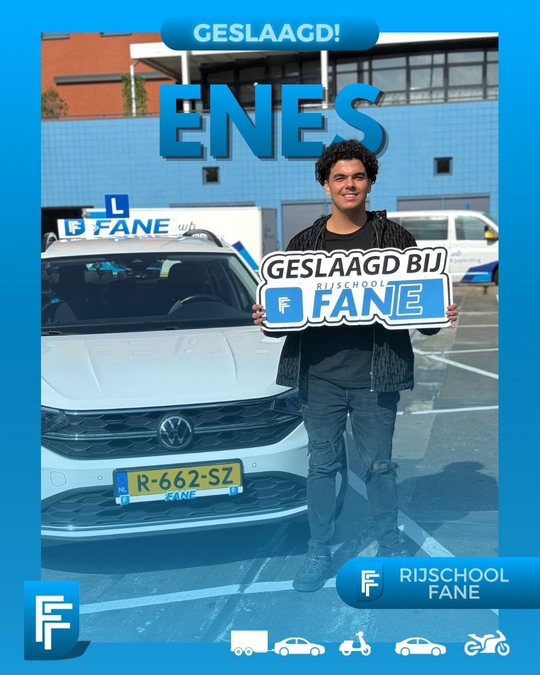 Enes A. uit Den Haag, geslaagd voor het autorijbewijs B bij Rijschool Fane in augustus 2025