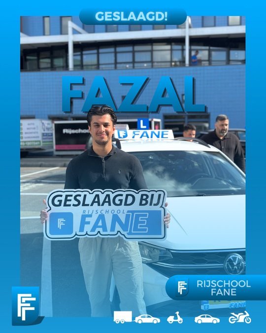 Fazal M. uit Rijswijk, geslaagd voor het autorijbewijs B bij Rijschool Fane in augustus 2025