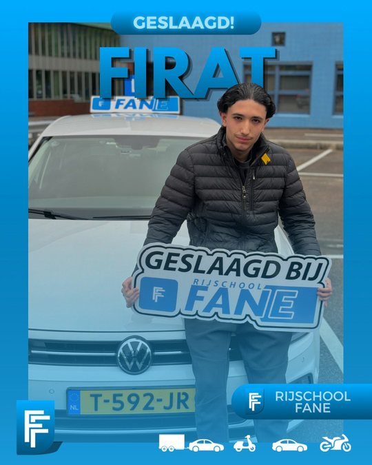 Firat A. uit Ypenburg, geslaagd voor het autorijbewijs B bij Rijschool Fane in juli 2024