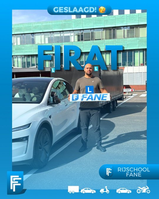Firat B. uit Den Haag, geslaagd voor het aanhangerrijbewijs BE bij Rijschool Fane in oktober 2026