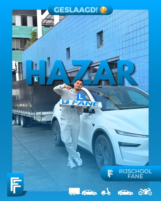 Hazar A. uit Den Haag, geslaagd voor het aanhangerrijbewijs BE bij Rijschool Fane in augustus 2026