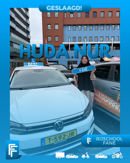 Huda Nur E. uit Den Haag, geslaagd voor het autorijbewijs B bij Rijschool Fane in oktober 2025