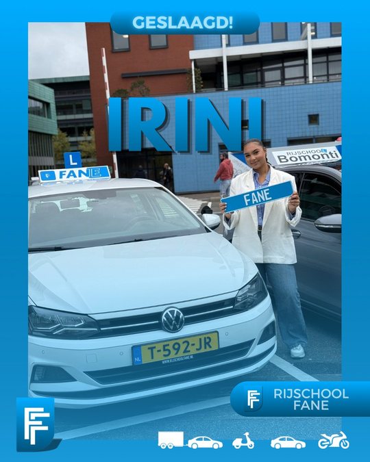 Irini O. uit Den Haag, geslaagd voor het autorijbewijs B bij Rijschool Fane in oktober 2025