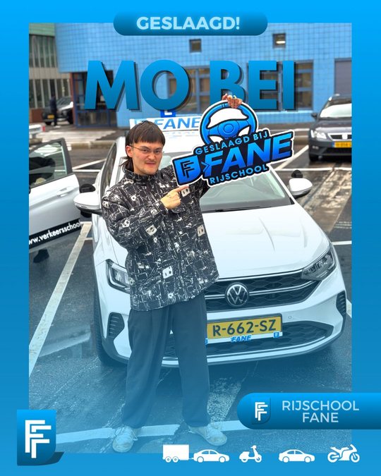 Mo Bei D. uit Den Haag, geslaagd voor het autorijbewijs B bij Rijschool Fane in december 2025