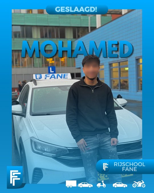 Mohamed E. uit Den Haag, geslaagd voor het autorijbewijs B bij Rijschool Fane in februari 2025