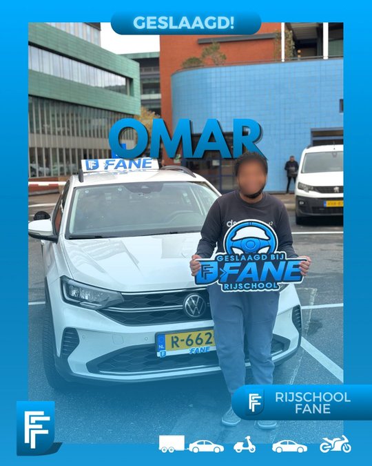 Omar T. uit Den Haag, geslaagd voor het autorijbewijs B bij Rijschool Fane in oktober 2025