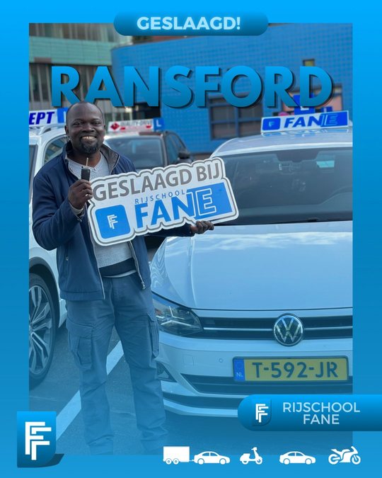 Ransford T. uit Den Haag, geslaagd voor het autorijbewijs B bij Rijschool Fane in juni 2024