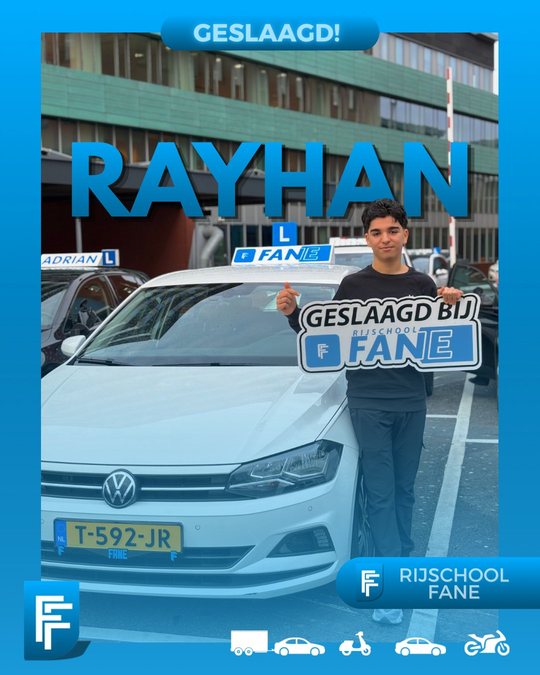 Rayhan A. uit Den Haag, geslaagd voor het autorijbewijs B bij Rijschool Fane in december 2024