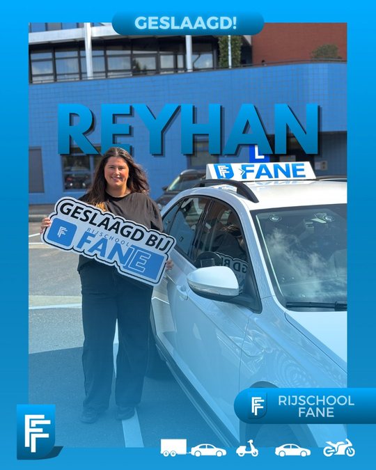 Reyhan O. uit Den Haag, geslaagd voor het autorijbewijs B bij Rijschool Fane in augustus 2025
