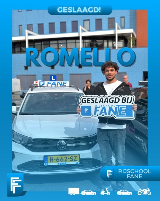 Romello P. uit Den Haag, geslaagd voor het autorijbewijs B bij Rijschool Fane in september 2025