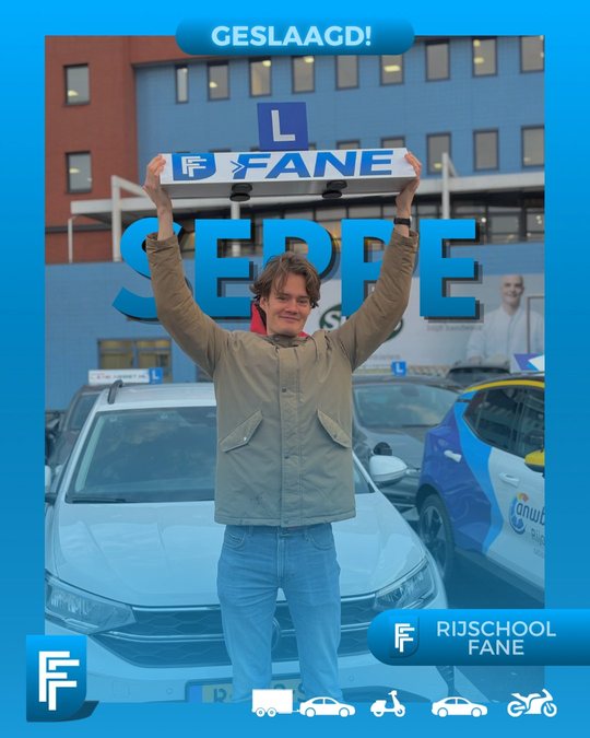 Seppe K. uit Delft, geslaagd voor het autorijbewijs B bij Rijschool Fane in februari 2025