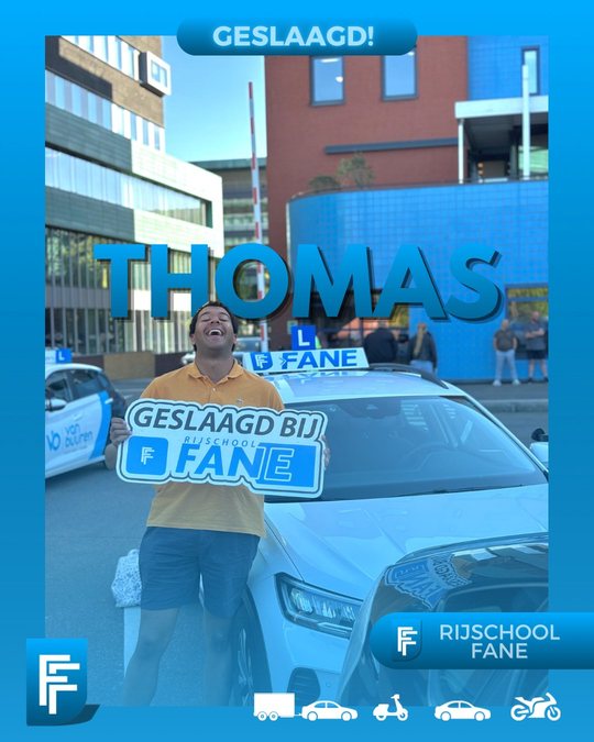 Thomas N. uit Delft, geslaagd voor het autorijbewijs B bij Rijschool Fane in mei 2025
