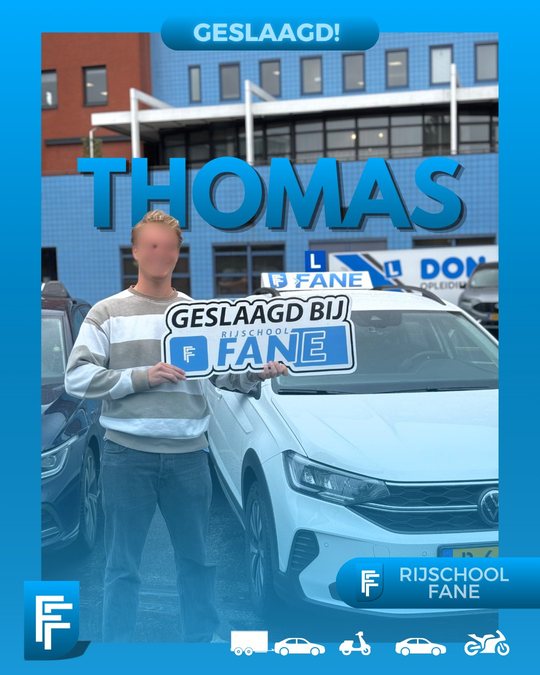 Thomas G. uit Delft, geslaagd voor het autorijbewijs B bij Rijschool Fane in september 2025