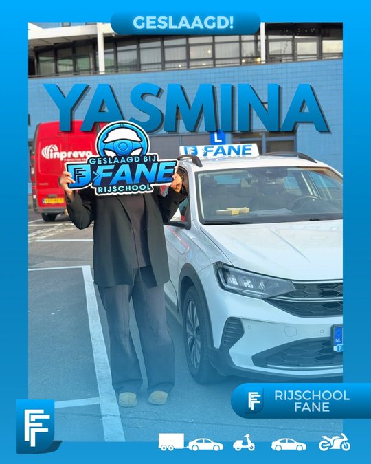 Yasmina B. uit Den Haag, geslaagd voor het autorijbewijs B bij Rijschool Fane in december 2025