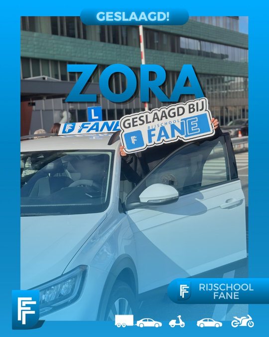 Zora A. uit Voorburg, geslaagd voor het autorijbewijs B bij Rijschool Fane in maart 2025