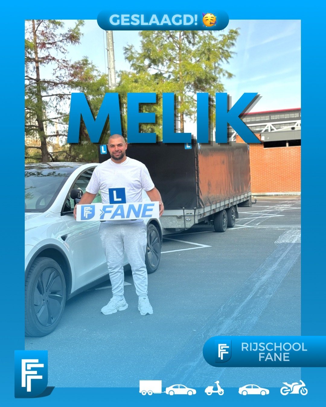 Melik B. uit Den Haag, geslaagd voor het aanhangerrijbewijs BE bij Rijschool Fane in oktober 2026