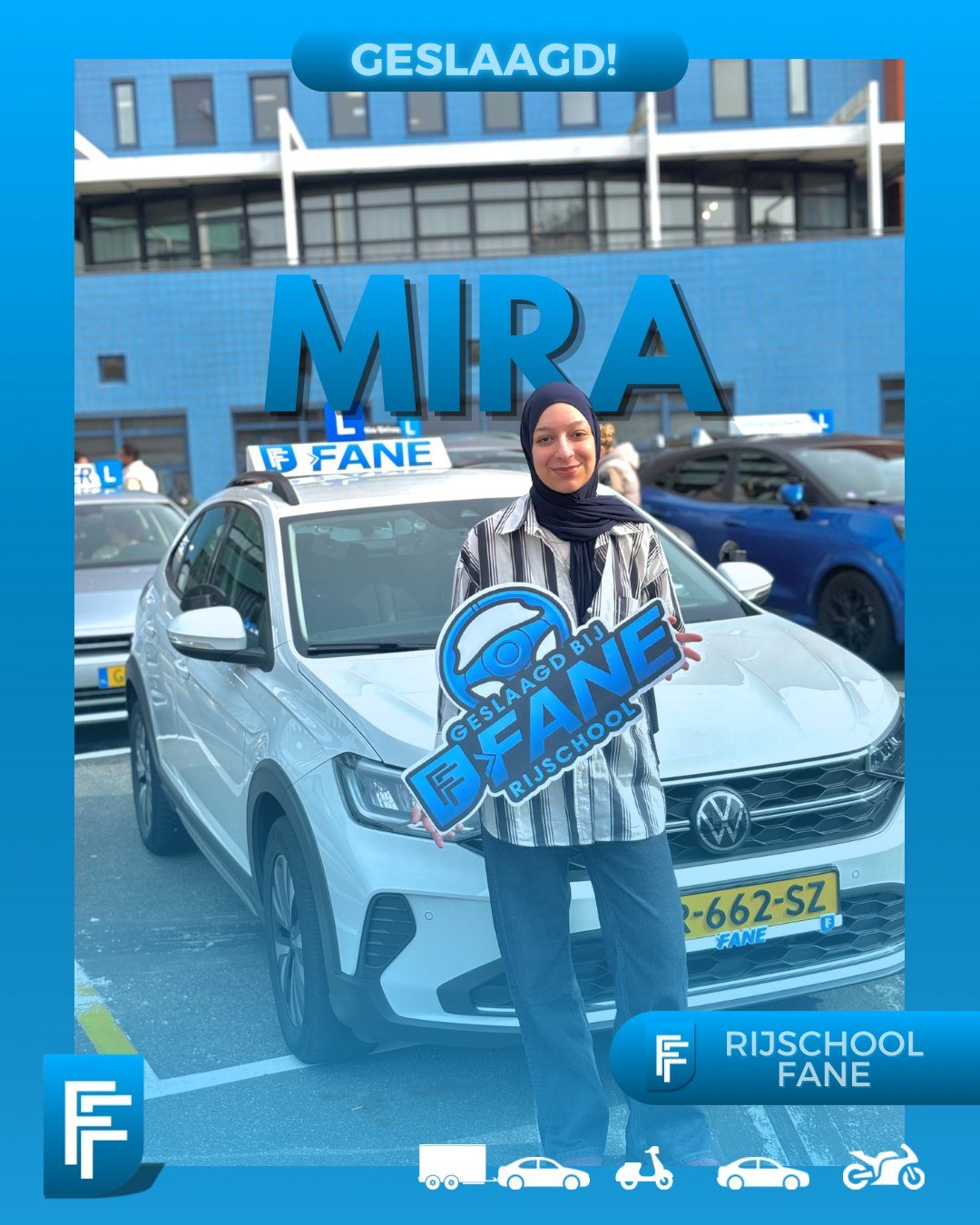 Mira E. uit Den Haag, geslaagd voor het autorijbewijs B bij Rijschool Fane in maart 2026