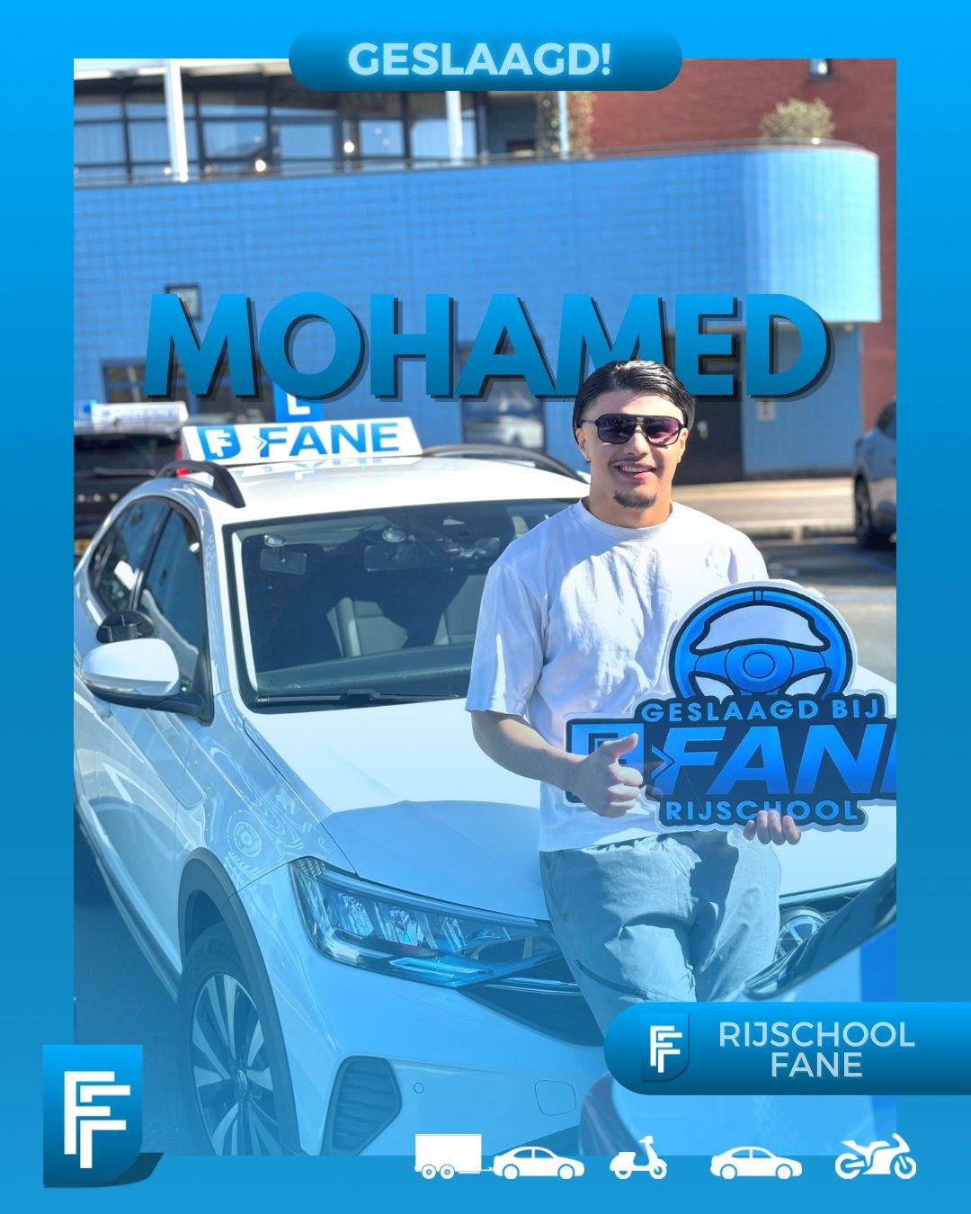 Mohamed S. uit Rijswijk, geslaagd voor het autorijbewijs B bij Rijschool Fane in april 2026