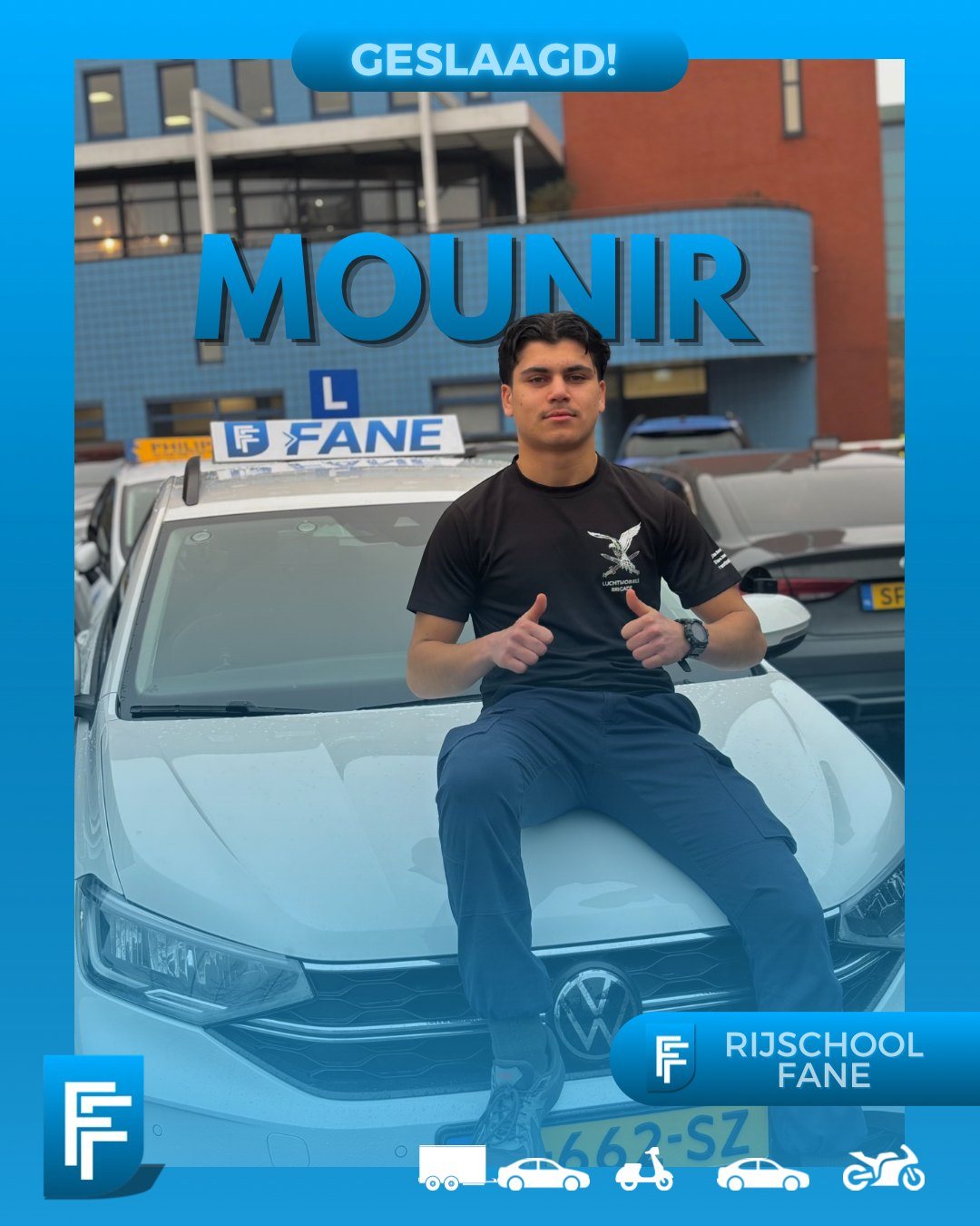 Mounir T. uit Den Haag, geslaagd voor het autorijbewijs B bij Rijschool Fane in februari 2025