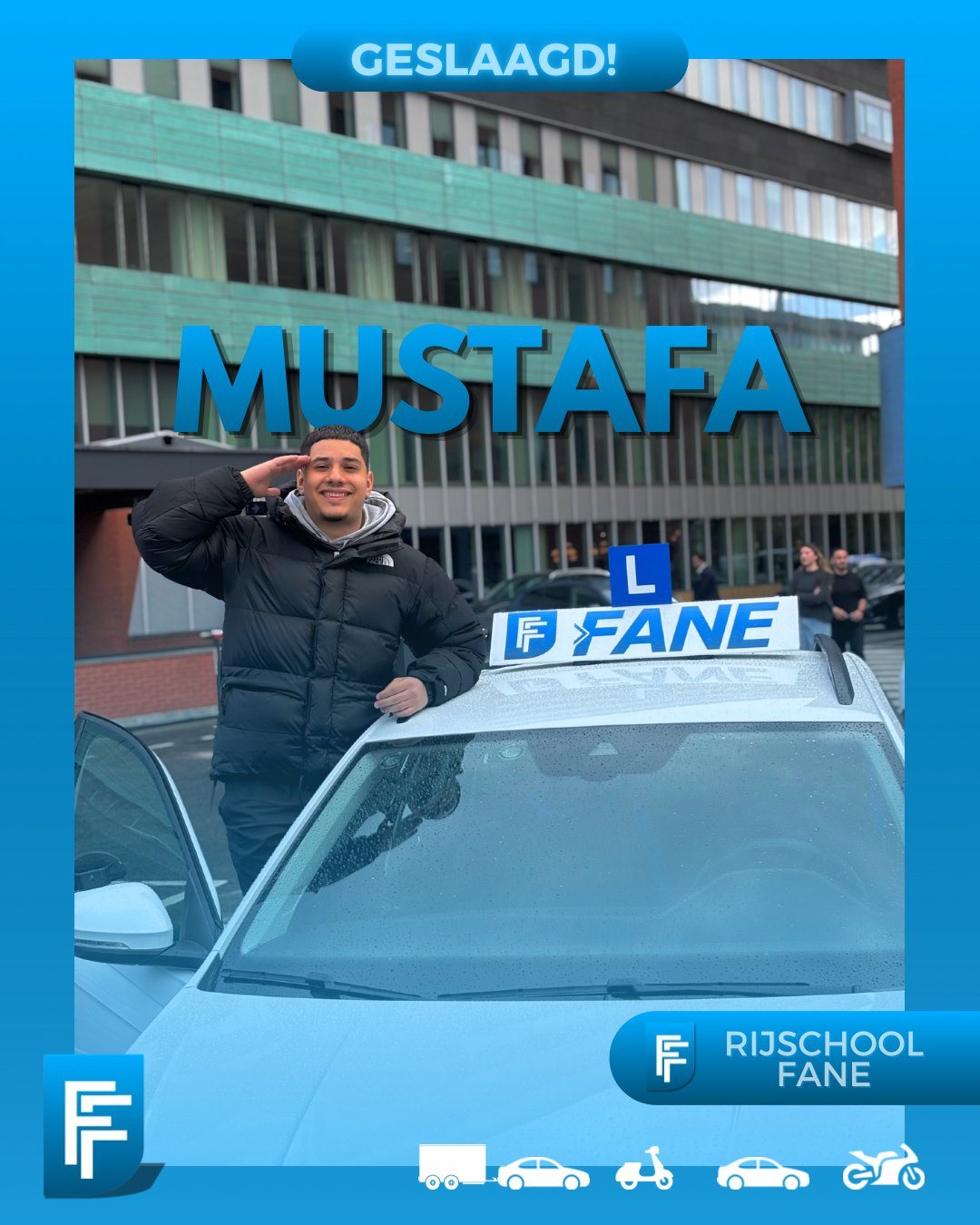 Mustafa Y. uit Wateringen, geslaagd voor het autorijbewijs B bij Rijschool Fane in mei 2025