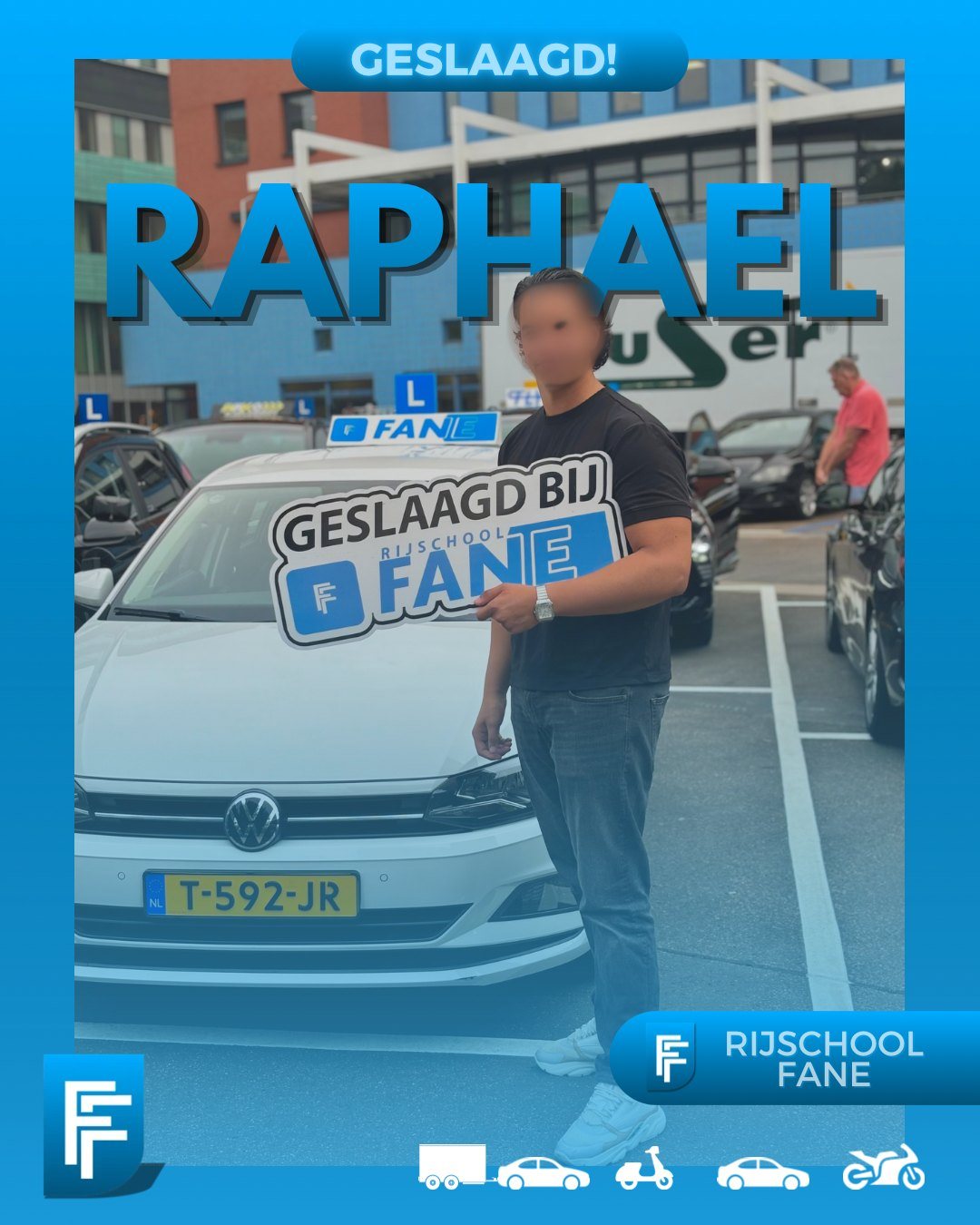Raphael D. uit Rijswijk, geslaagd voor het autorijbewijs B bij Rijschool Fane in september 2024