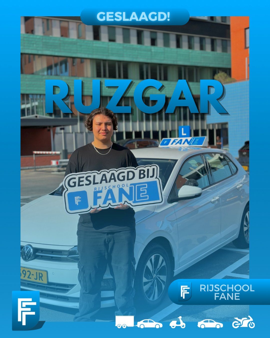 Ruzgar D. uit Den Haag, geslaagd voor het autorijbewijs B bij Rijschool Fane in september 2024