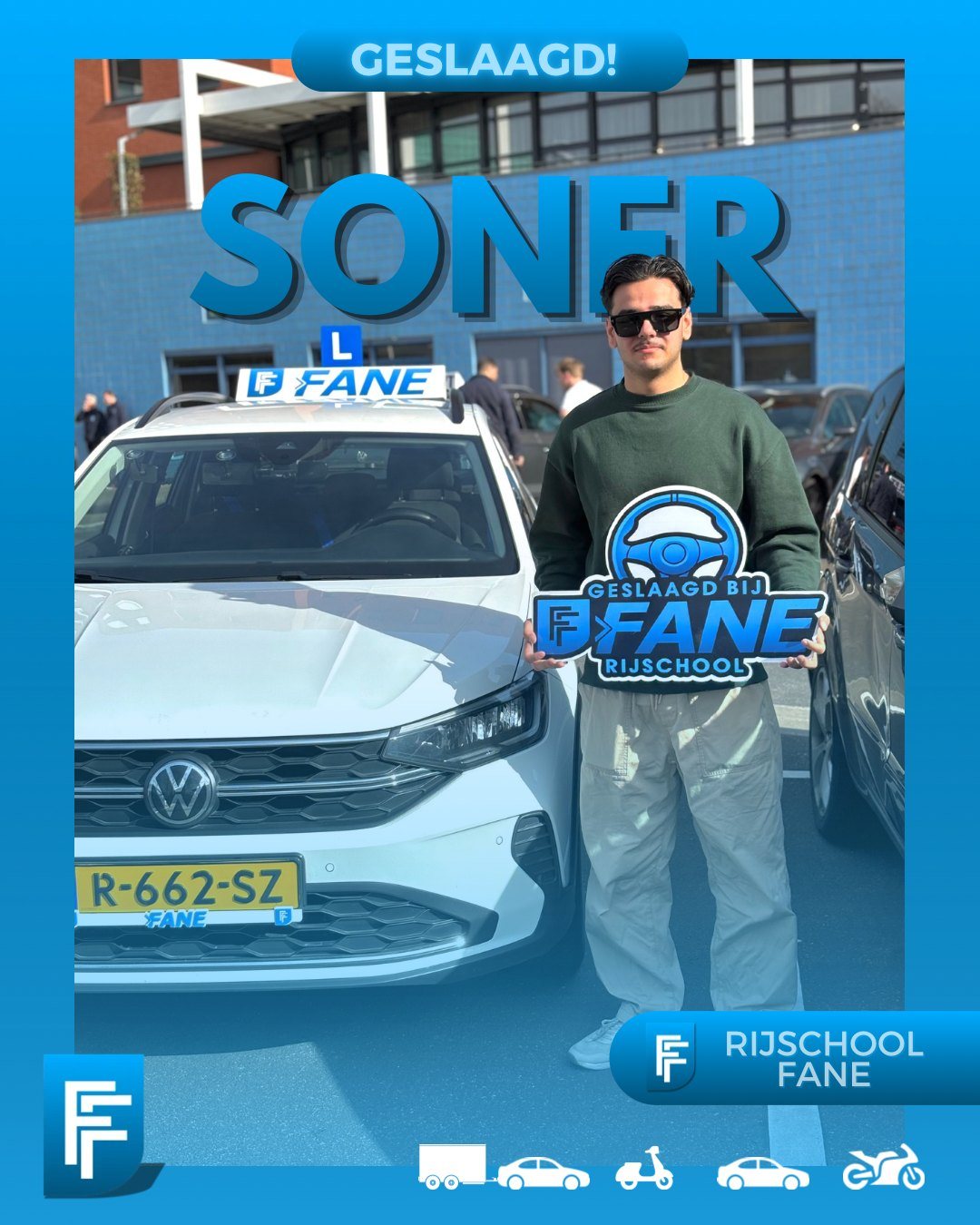 Soner K. uit Den Haag, geslaagd voor het autorijbewijs B bij Rijschool Fane in maart 2026