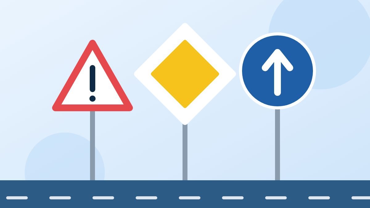 Verkeersborden: gevaarbord, voorrangsweg en gebodsbord